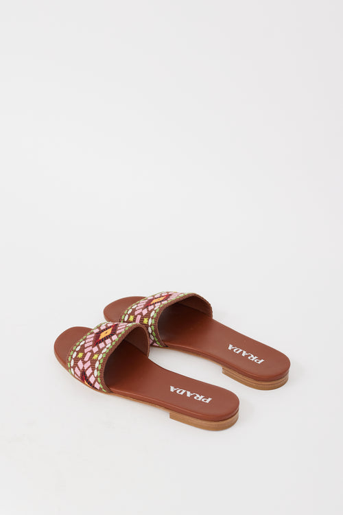 Prada Brown 
Multicolour Embroidered Leather Sandal