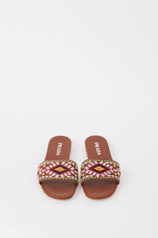 Prada Brown 
Multicolour Embroidered Leather Sandal