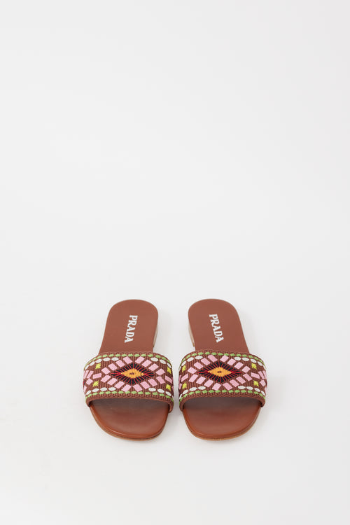 Prada Brown 
Multicolour Embroidered Leather Sandal