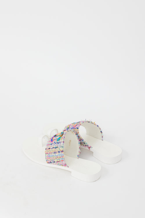 Chanel White 
Multicolour Leather Tweed Logo Sandal