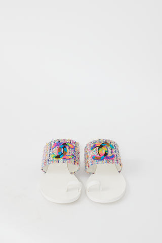 Chanel White 
Multicolour Leather Tweed Logo Sandal