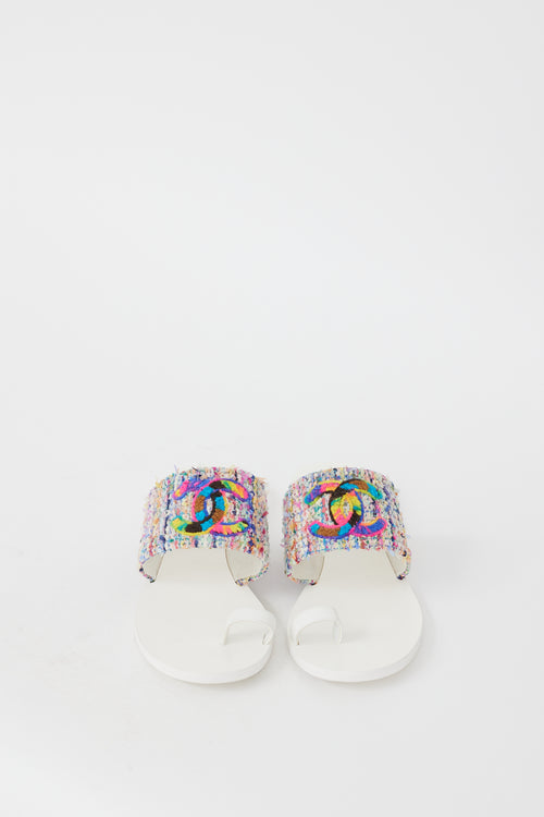 Chanel White 
Multicolour Leather Tweed Logo Sandal