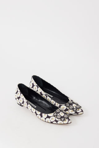 Manolo Blahnik Black 
Multicolour Hangisi Floral Jewel Flat