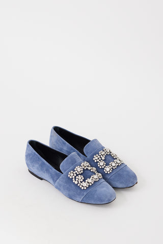 Roger Vivier Blue Suede Flower Strass Jewel Loafer