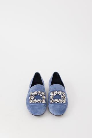 Roger Vivier Blue Suede Flower Strass Jewel Loafer