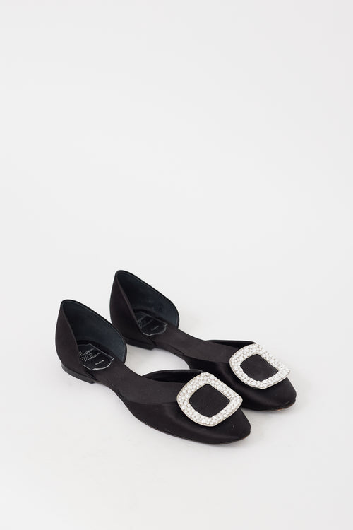 Roger Vivier Black 
Silver Satin Chips Strass Jewel Flat