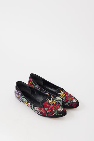 Alexander McQueen Black 
Multicolour Floral Embroidered Flat