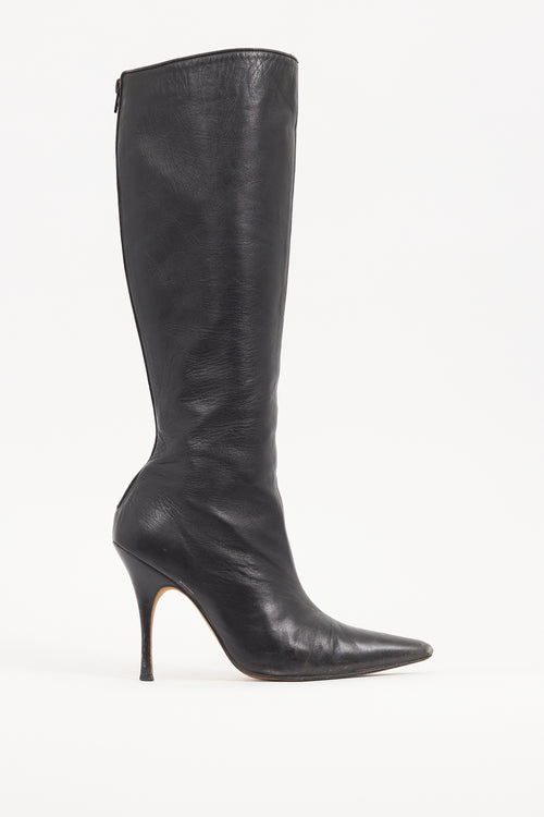 Manolo Blahnik Black Leather Pointed Knee High Boot