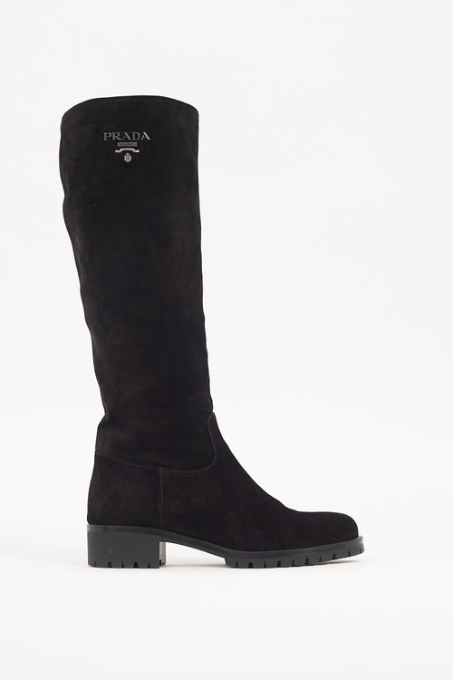 Prada Black Suede Knee High Logo Boot