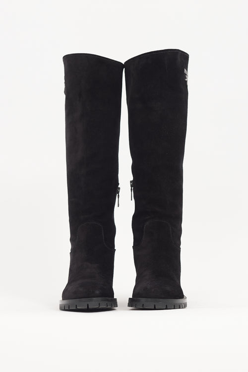 Prada Black Suede Knee High Logo Boot