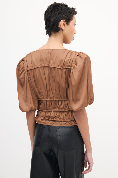 Frame Brown Satin Button Up Tier Blouse