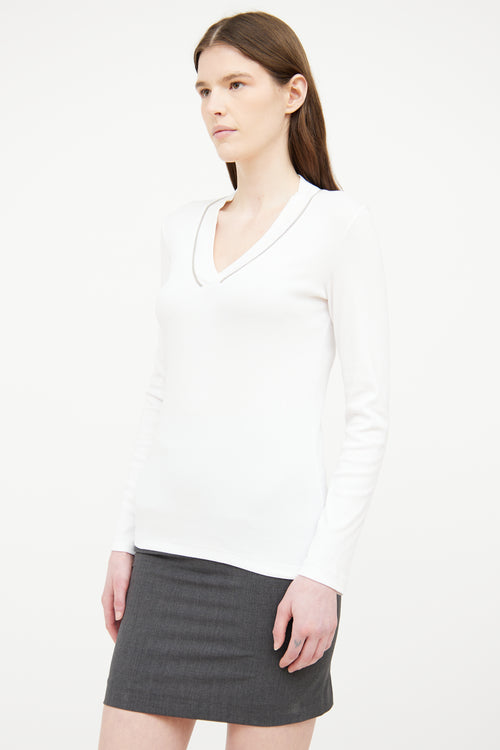 Fabiana Filippi White Ribbed Beaded Neck Long Sleeve Top