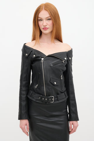 Faith Connexion Black Leather Off The Shoulder Moto Jacket