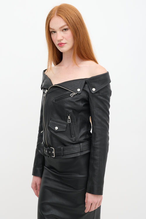 Faith Connexion Black Leather Off The Shoulder Moto Jacket