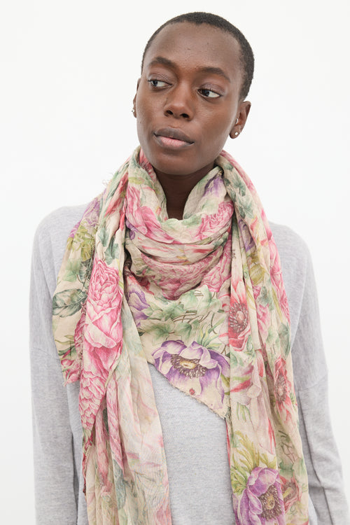 Faliero Sarti Pink 
Multicolour Floral Raw Edge Scarf