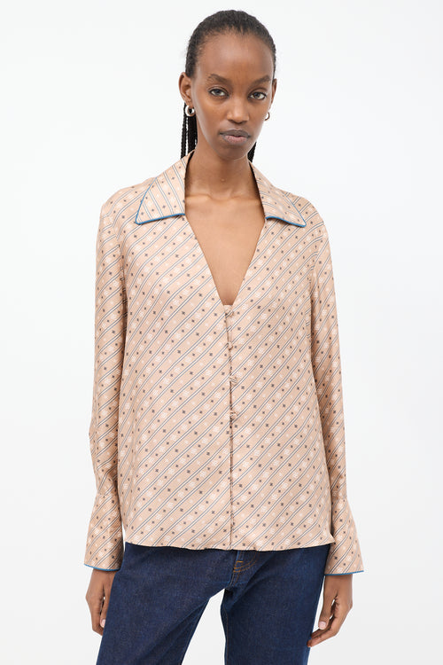 Fendi Beige Silk Logo Striped Camicia Shirt