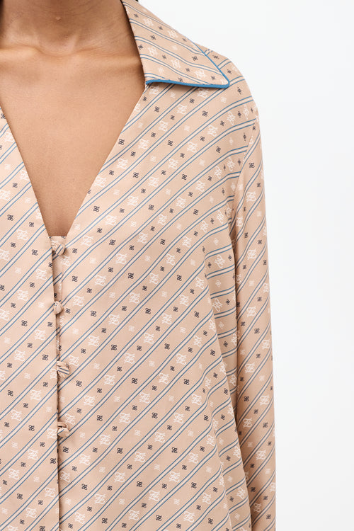 Fendi Beige Silk Logo Striped Camicia Shirt