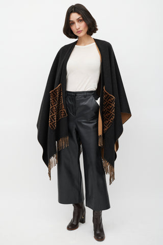 Fendi Black 
Brown Cashmere Fringe Shawl