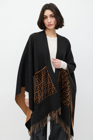 Fendi Black 
Brown Cashmere Fringe Shawl