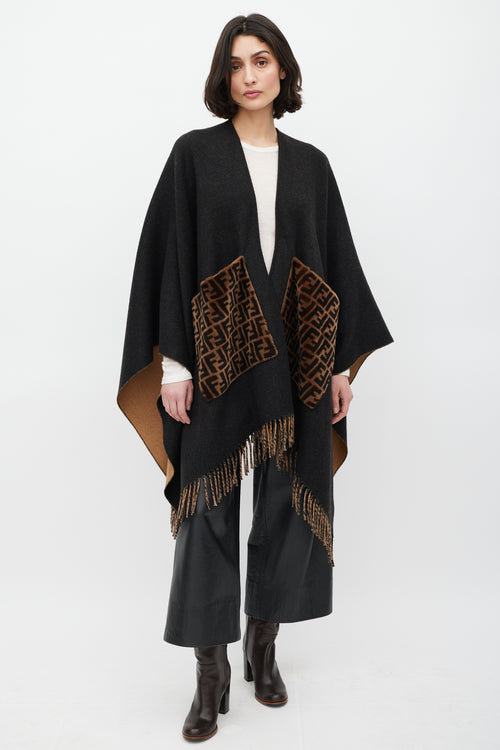 Fendi Black 
Brown Cashmere Fringe Shawl