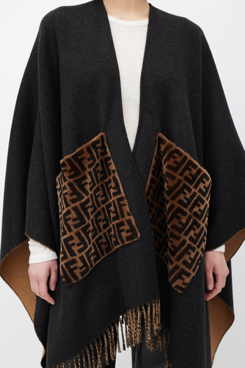 Fendi Black 
Brown Cashmere Fringe Shawl