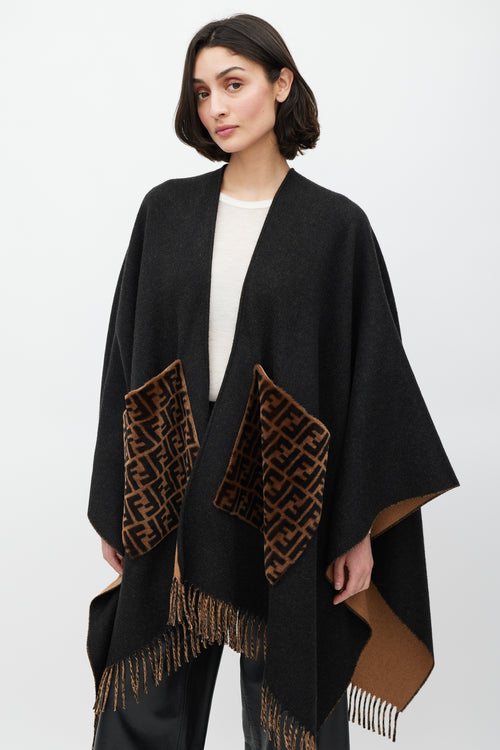 Fendi Black 
Brown Cashmere Fringe Shawl