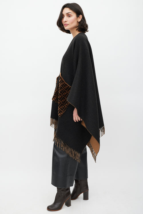 Fendi Black 
Brown Cashmere Fringe Shawl