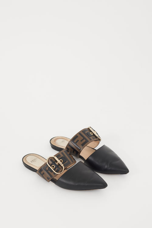 Fendi Black 
Brown Leather Sabot Zucca Mule