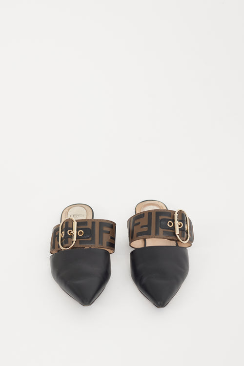 Fendi Black 
Brown Leather Sabot Zucca Mule