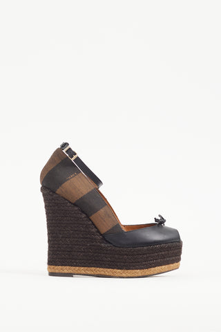 Fendi Black 
Brown Leather 
Canvas Espadrille Wedge Heel