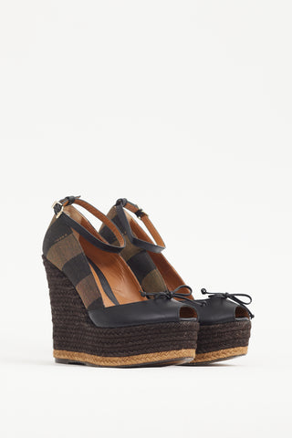 Fendi Black 
Brown Leather 
Canvas Espadrille Wedge Heel