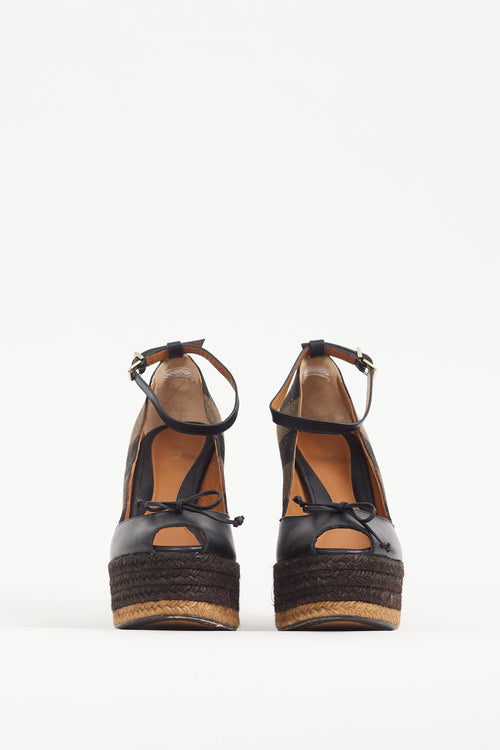 Fendi Black 
Brown Leather 
Canvas Espadrille Wedge Heel