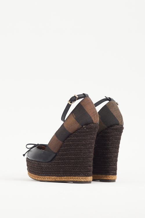 Fendi Black 
Brown Leather 
Canvas Espadrille Wedge Heel