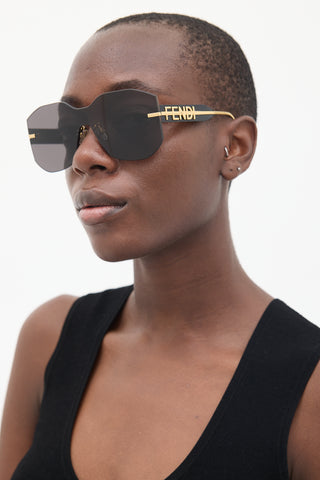 Fendi Black 
Gold Fendigraphy Shield Sunglasses