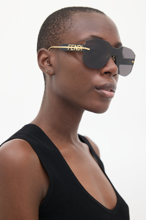 Fendi Black 
Gold Fendigraphy Shield Sunglasses