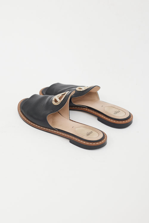 Fendi Black Leather Gold Circle Logo Sandal