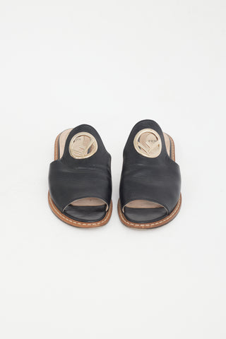 Fendi Black Leather Gold Circle Logo Sandal