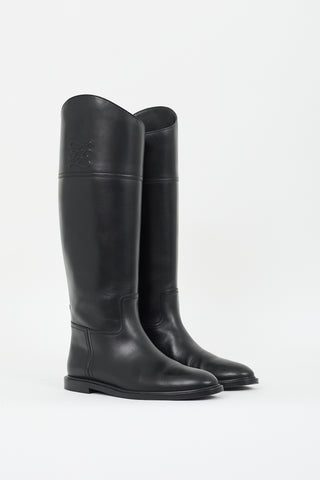 Fendi Black Leather Logo Riding Boot