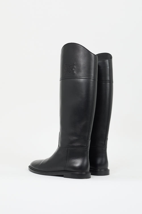 Fendi Black Leather Logo Riding Boot