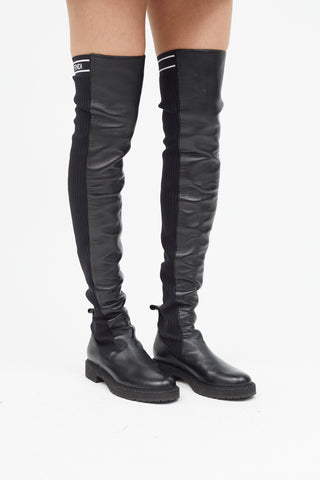 Fendi Black Leather 
Ribbed Thigh High Boot