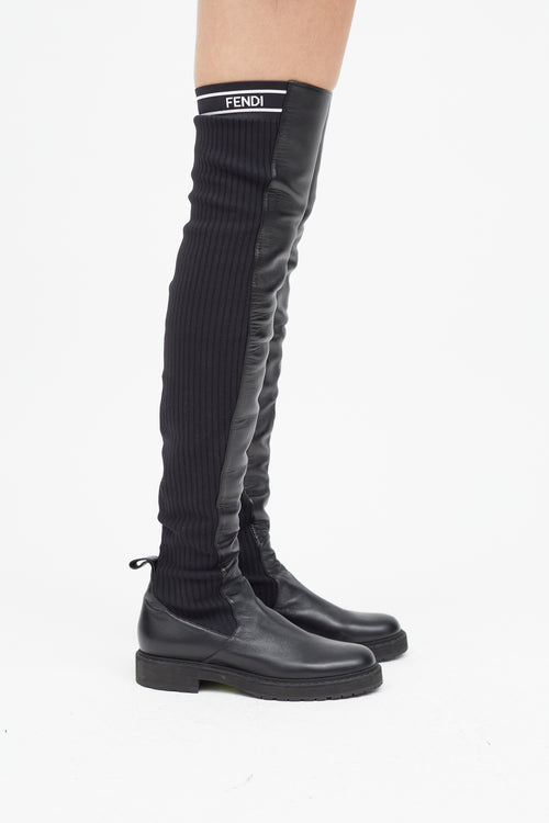 Fendi Black Leather 
Ribbed Thigh High Boot