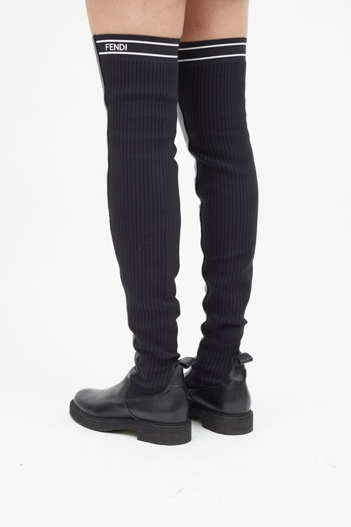 Fendi Black Leather 
Ribbed Thigh High Boot