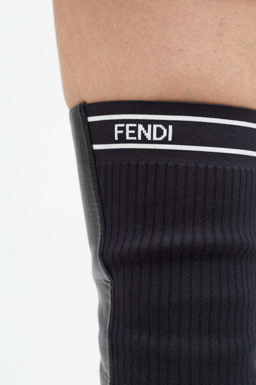 Fendi Black Leather 
Ribbed Thigh High Boot