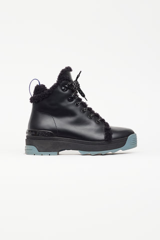 Fendi Black Leather Shearling Combat Boot