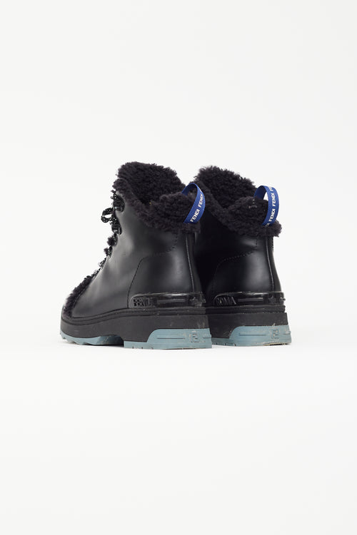 Fendi Black Leather Shearling Combat Boot