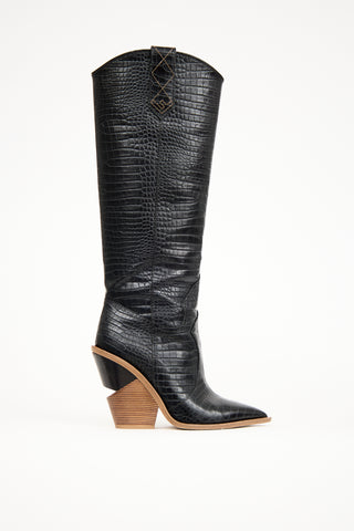 Fendi Black Leather Tall Western Boot