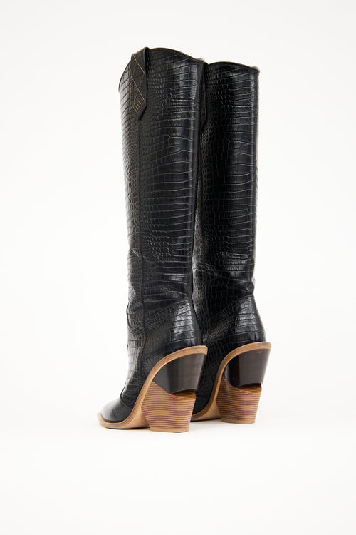 Fendi Black Leather Tall Western Boot