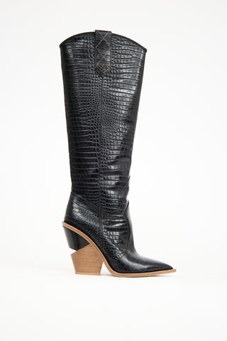 Fendi Black Leather Tall Western Boot