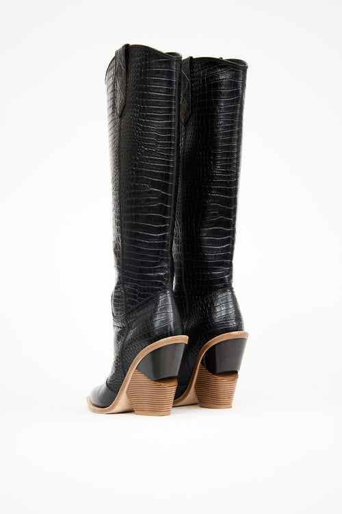 Fendi Black Leather Tall Western Boot