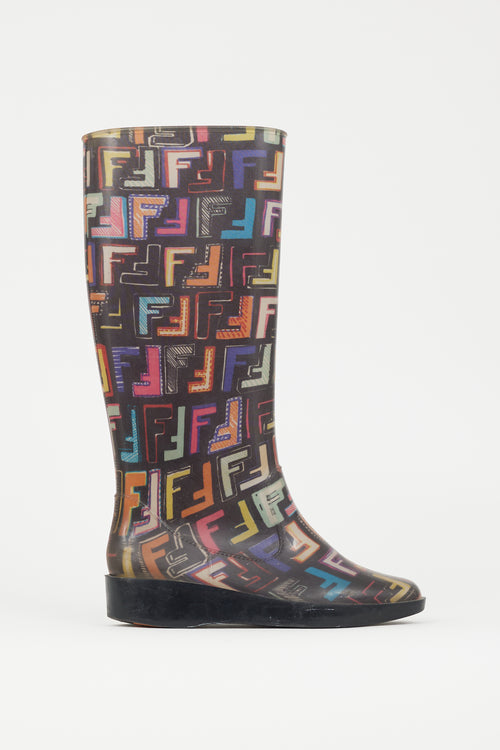 Fendi Black 
Multicolour FF Print Rubber Rain Boot